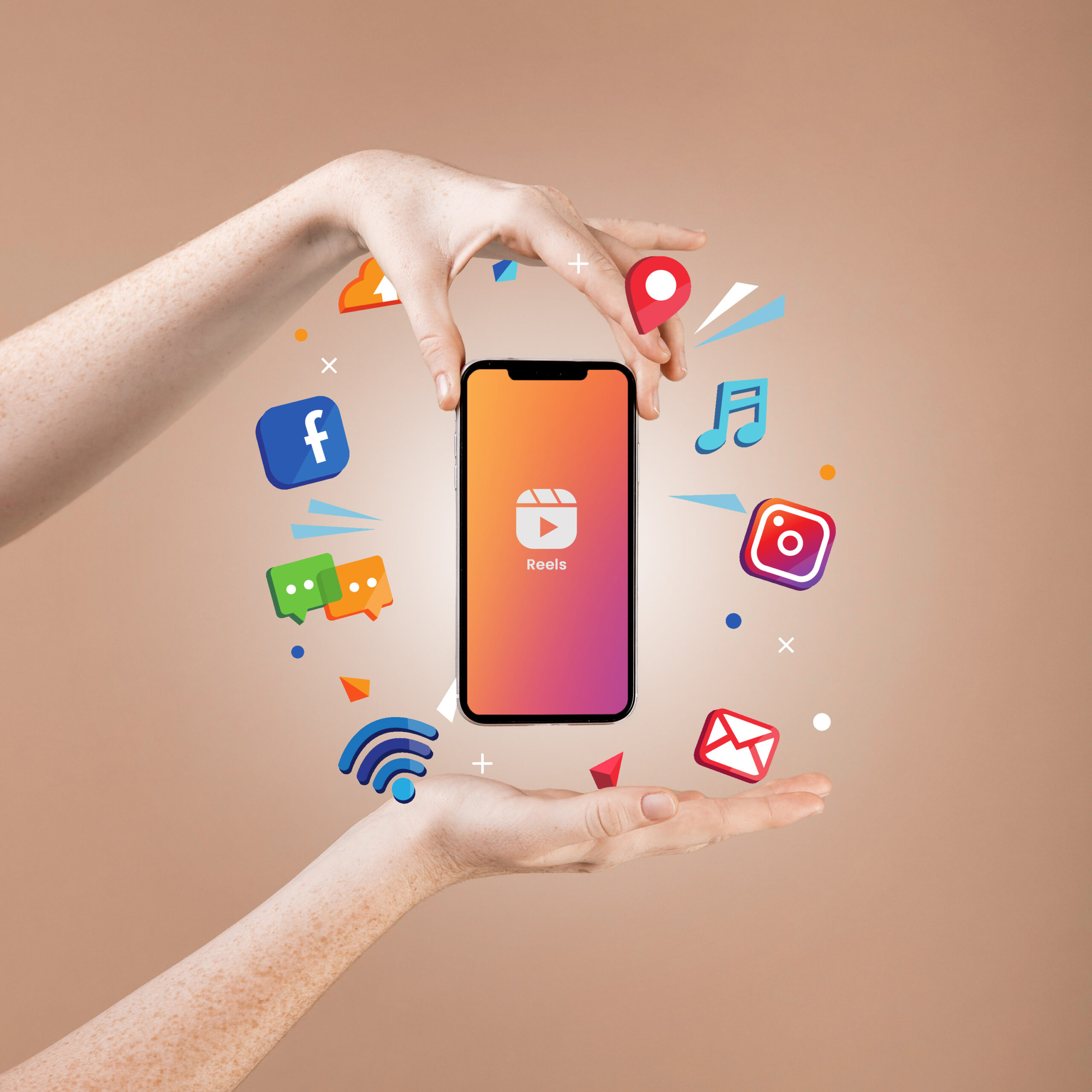 Smartphone displaying the Reels logo surrounded by social media icons.